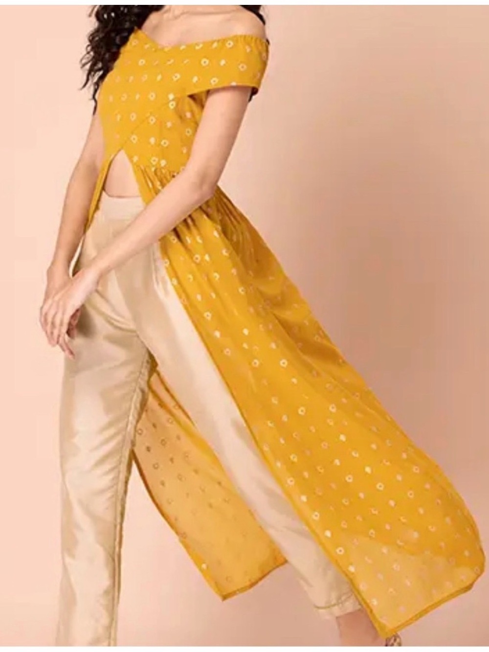 Mustard Yellow Off-Shoulder Long Tunic with Cream Pants kurta